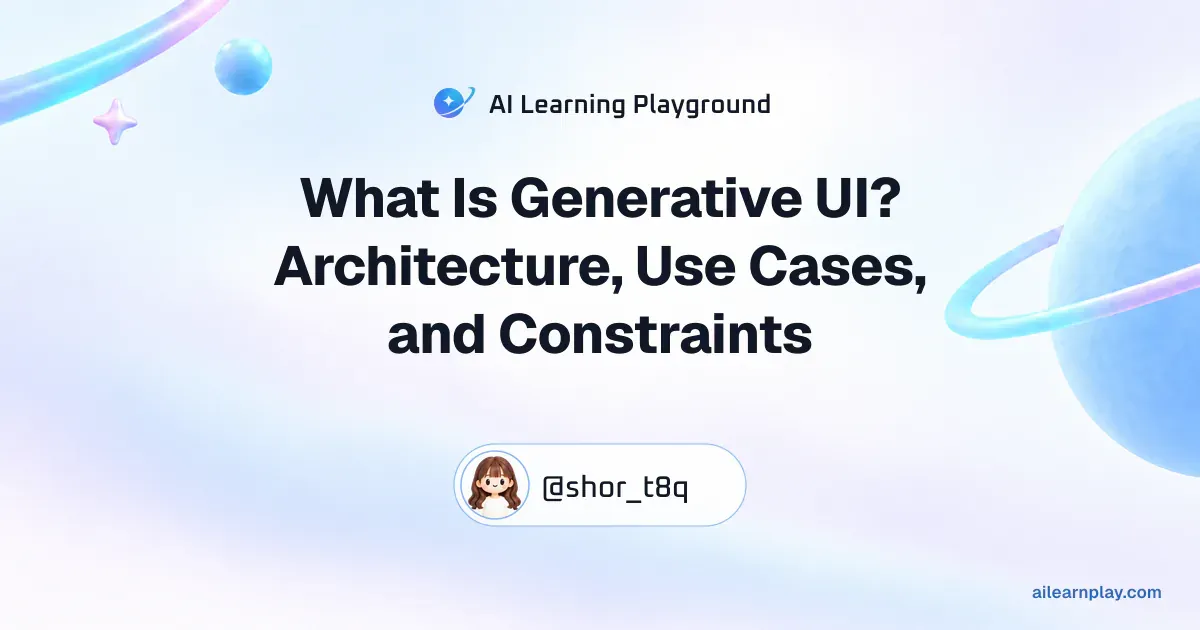 Article cover for “What Is Generative UI? Architecture, Use Cases, and Constraints” over a pastel ringed planet and orbital lines