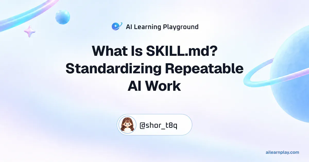 Article cover for “What Is SKILL.md? Standardizing Repeatable AI Work” over a pastel ringed planet and orbital lines