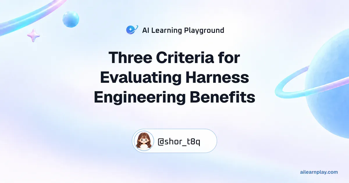 Article cover for “Three Criteria for Evaluating Harness Engineering Benefits” over a pastel ringed planet and orbital lines