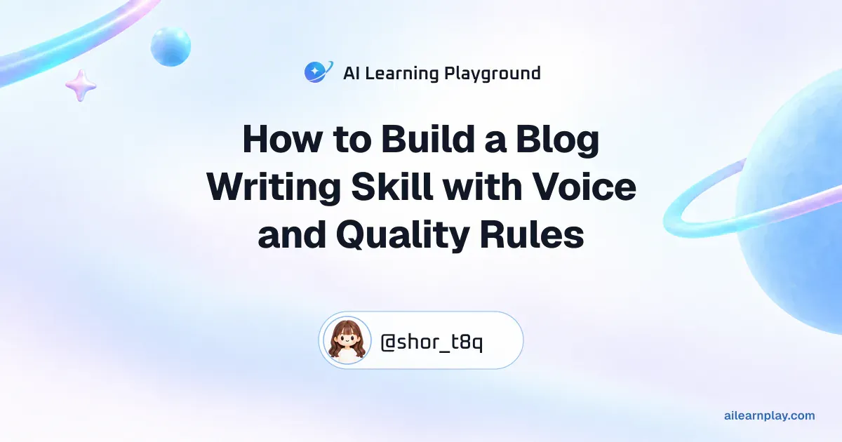 Article cover for “How to Build a Blog Writing Skill with Voice and Quality Rules” over a pastel ringed planet and orbital lines