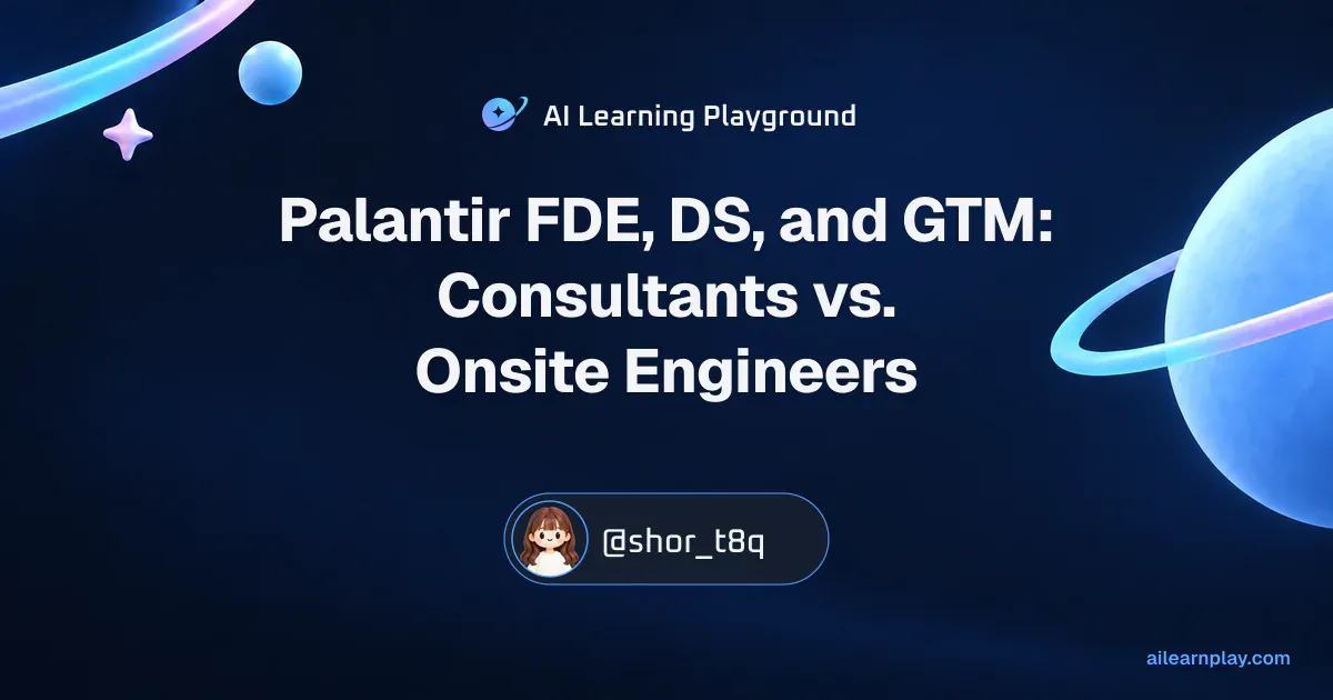 Article cover for “Palantir FDE, DS, and GTM: Consultants vs. Onsite Engineers” over a pastel ringed planet and orbital lines