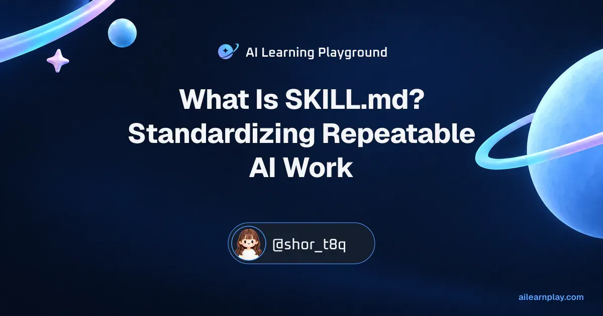 Article cover for “What Is SKILL.md? Standardizing Repeatable AI Work” over a pastel ringed planet and orbital lines