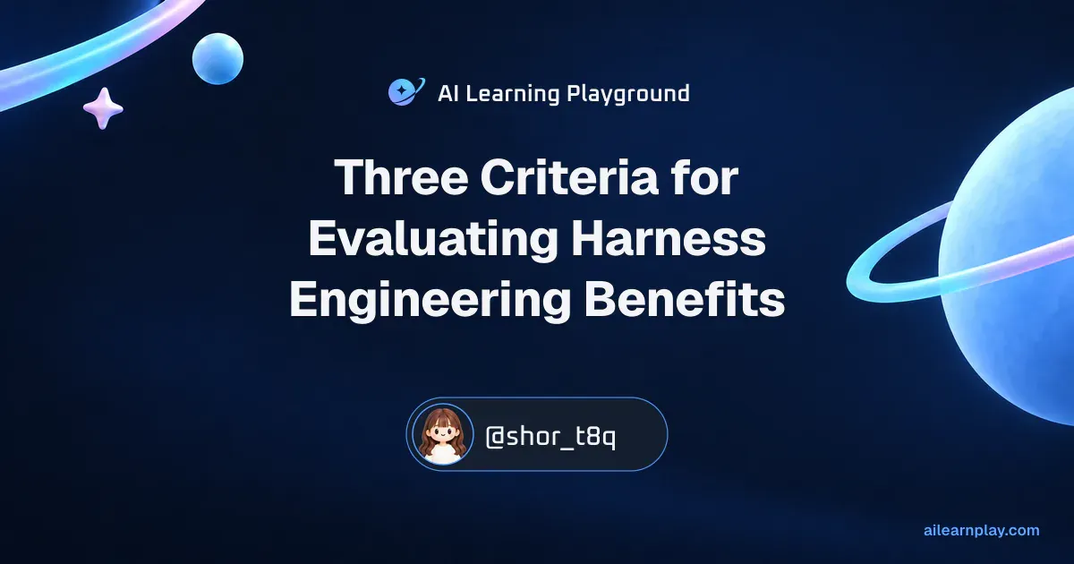 Article cover for “Three Criteria for Evaluating Harness Engineering Benefits” over a pastel ringed planet and orbital lines