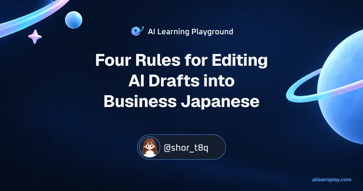 Article cover for “Four Rules for Editing AI Drafts into Business Japanese” over a pastel ringed planet and orbital lines