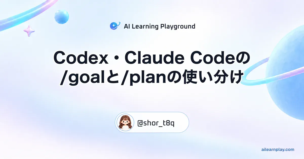 パステルのリング惑星と軌道を背景に「Codex・Claude Codeの/goalと/planの使い分け」を配置した記事カバー