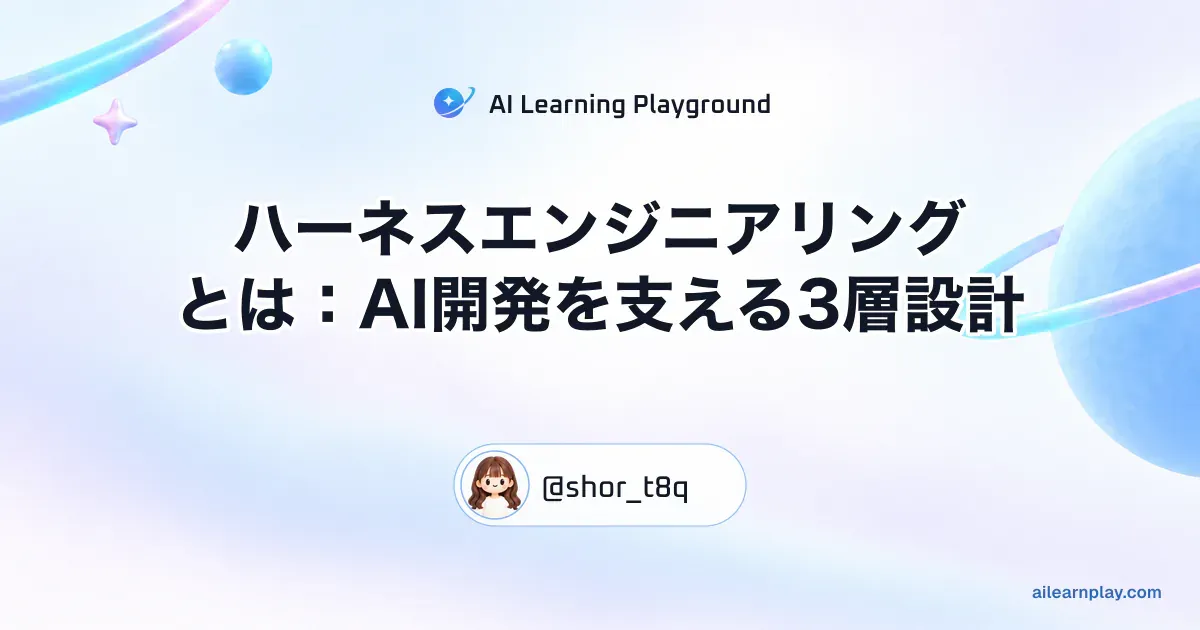パステルのリング惑星と軌道を背景に「ハーネスエンジニアリングとは：AI開発を支える3層設計」を配置した記事カバー