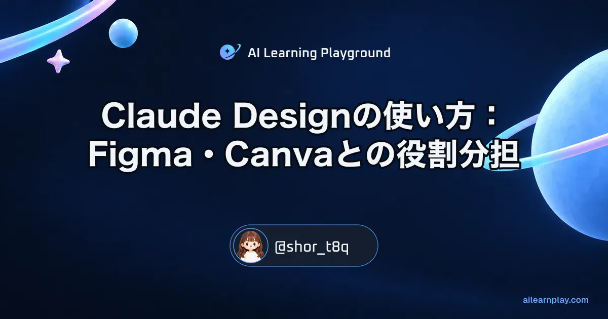 パステルのリング惑星と軌道を背景に「Claude Designの使い方：Figma・Canvaとの役割分担」を配置した記事カバー