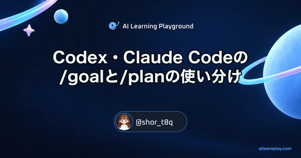 パステルのリング惑星と軌道を背景に「Codex・Claude Codeの/goalと/planの使い分け」を配置した記事カバー