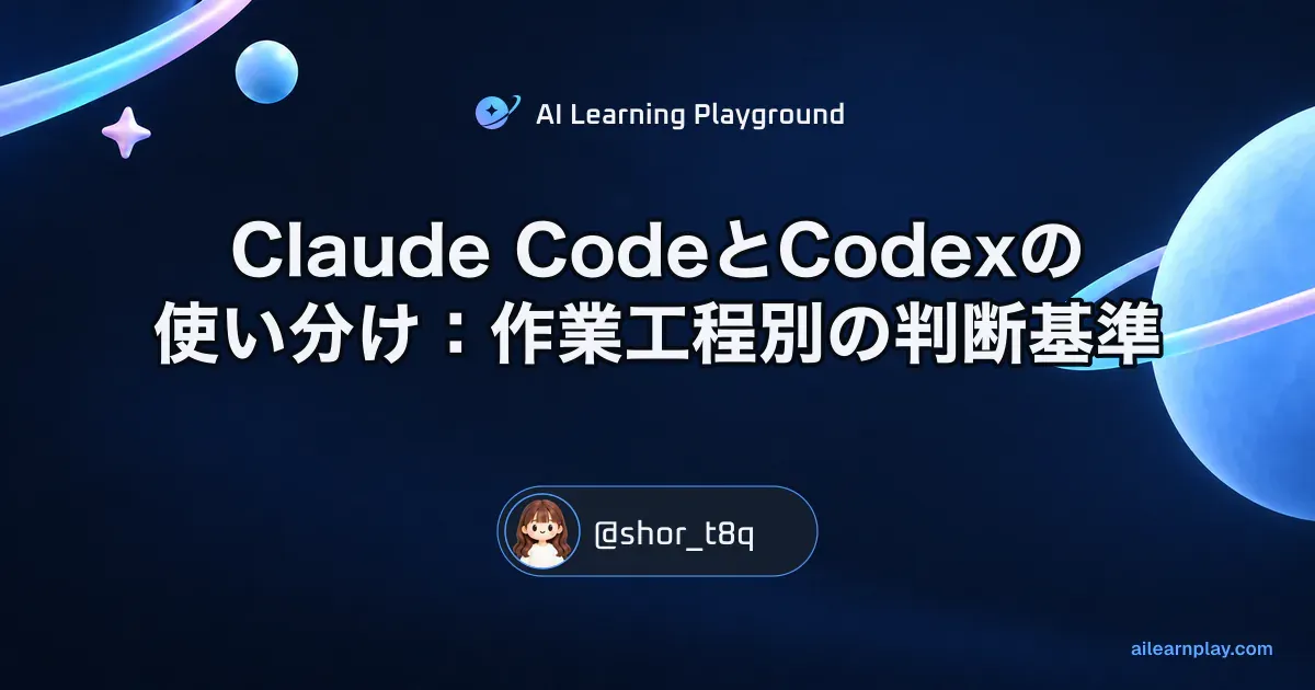パステルのリング惑星と軌道を背景に「Claude CodeとCodexの使い分け：作業工程別の判断基準」を配置した記事カバー