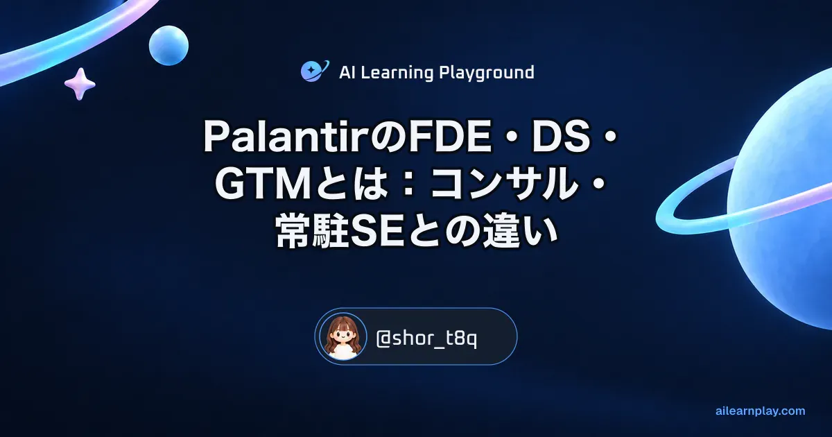 パステルのリング惑星と軌道を背景に「PalantirのFDE・DS・GTMとは：コンサル・常駐SEとの違い」を配置した記事カバー